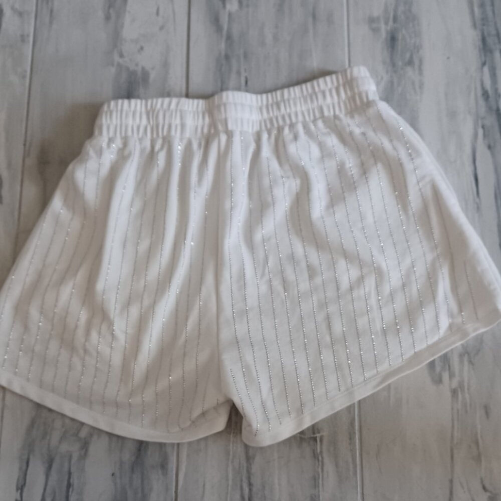 Vocal White Elastic Striped Bling Silver Stripes Stretch Drawstring Shorts M - Picture 2 of 4